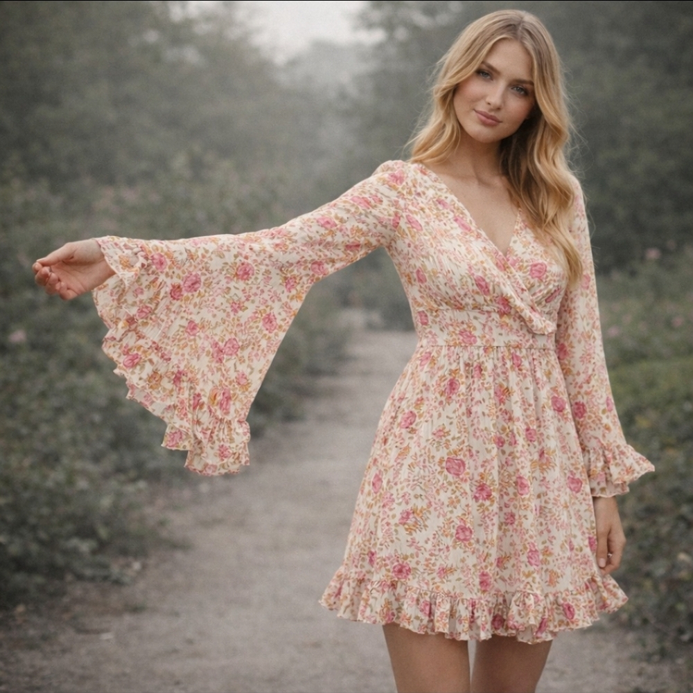 Fairycore Pink paisley floral ruffle cottagecore Bell Sleeves dress Sz M